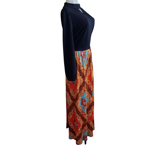 Vintage 12 Maxi Dress 1970's Floral Diamond Pattern Keyhole Neckline Acetate - Picture 4 of 7